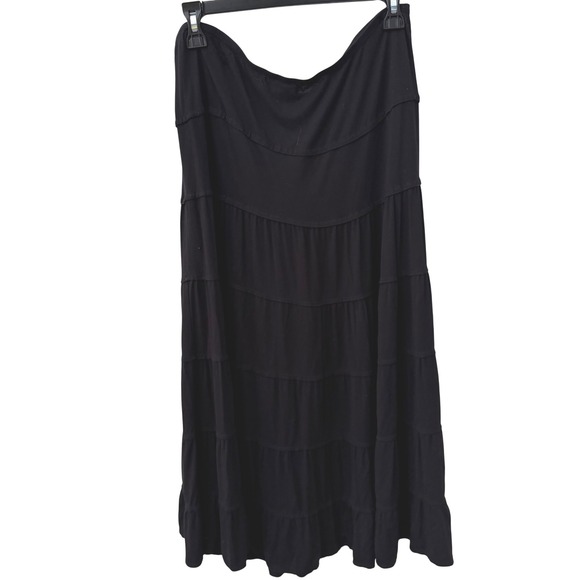 Sophie Max Tiered Midi Skirt Large Black Viscose Stretch Boho - Picture 2 of 4